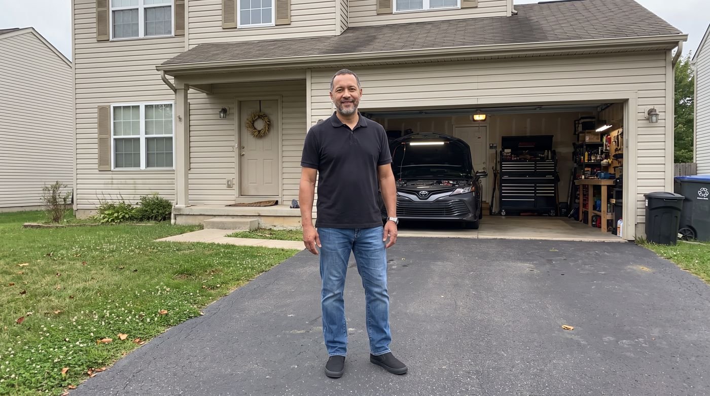 Uncle Mitch standing in his driveway in front of an open garage